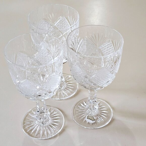 3 Kusak Cut Glass Liquor Cocktail Glasses 4.75" 4oz vtg signed daisy fan Bohemia - Picture 2 of 9